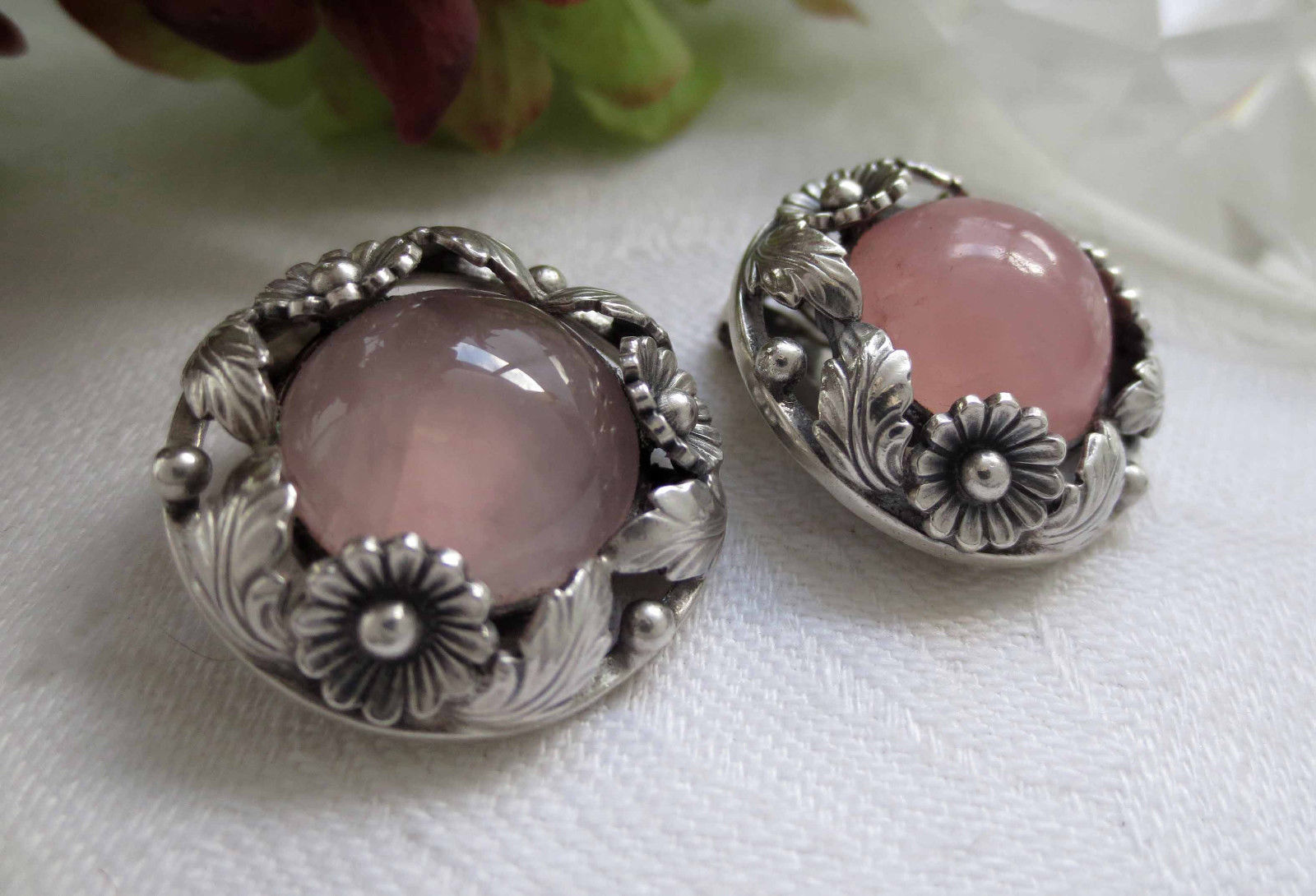 rose quartz and silver floral Ne From earrings